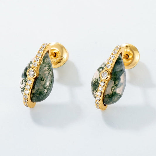 Orbit Pear Moss Agate Stud Earrings