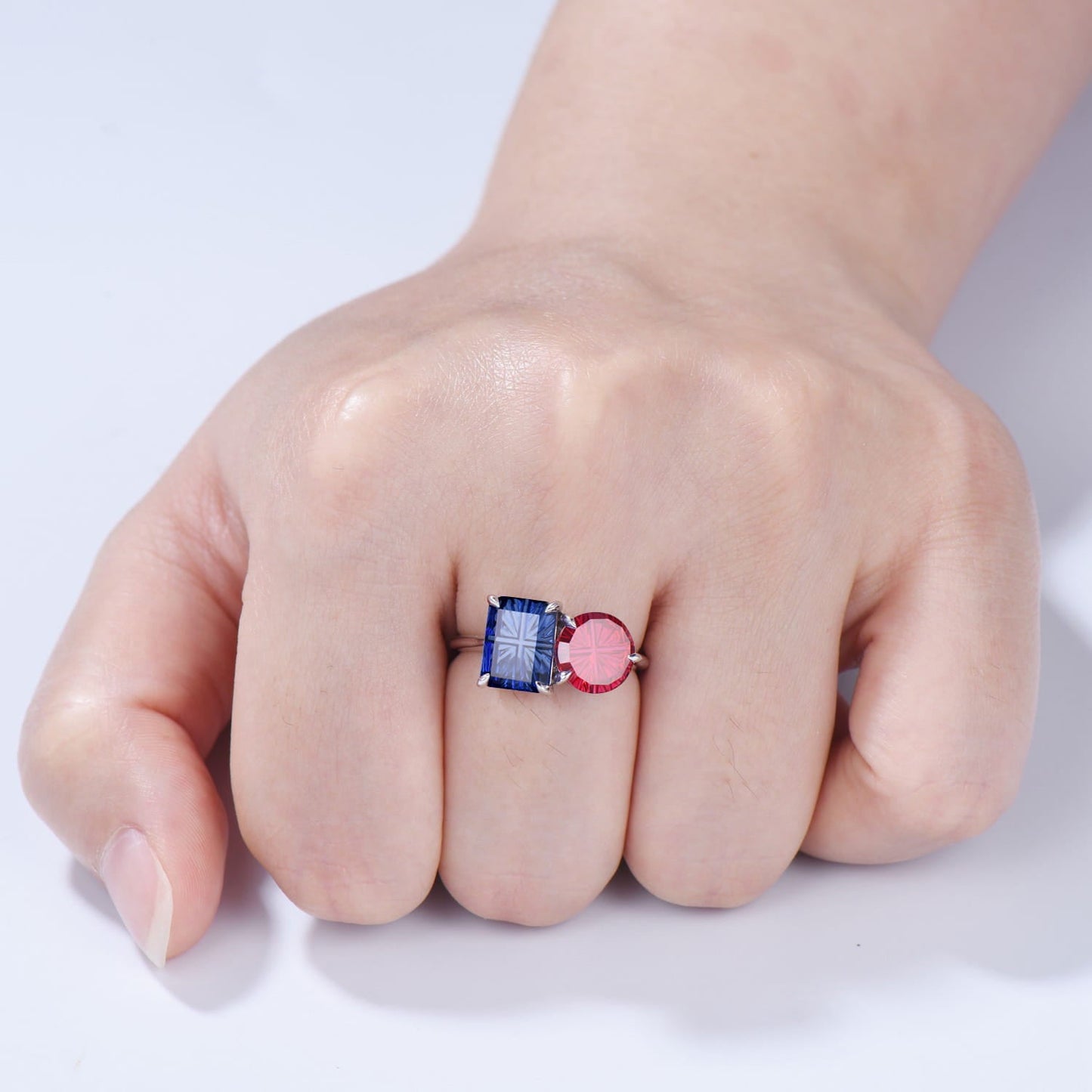 Starburst Cut Toi et Moi Engagement Ring Emerald Red Ruby and Round Blue Sapphire Promise Ring