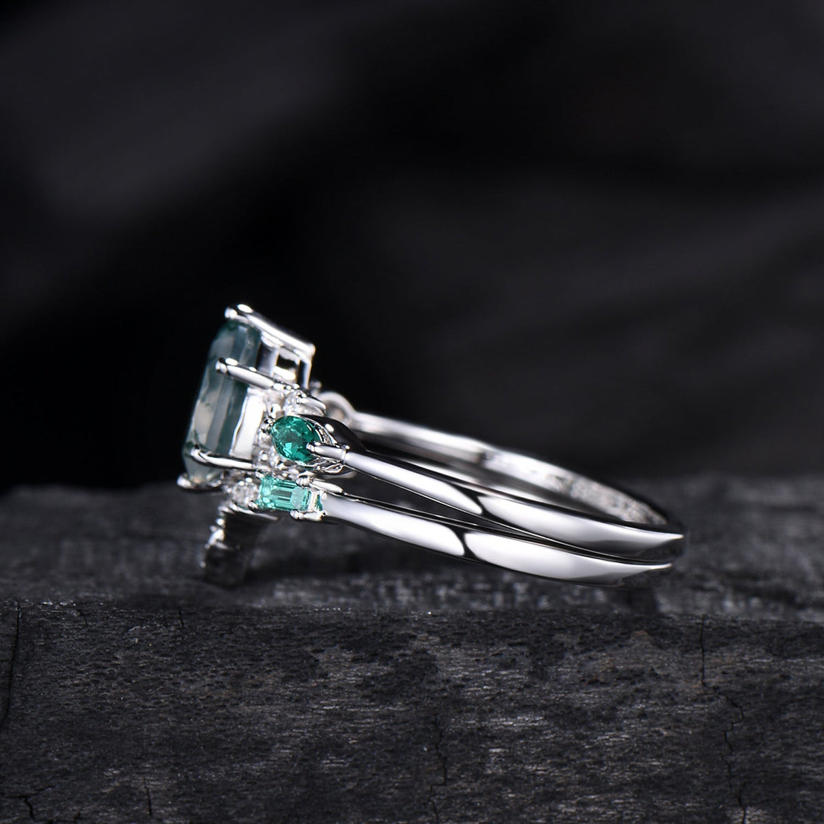 1.25 CT Pear shaped natural moss agate engagement ring rose gold infinity twisted Celtic knot Baguette cut emerald bridal ring set women
