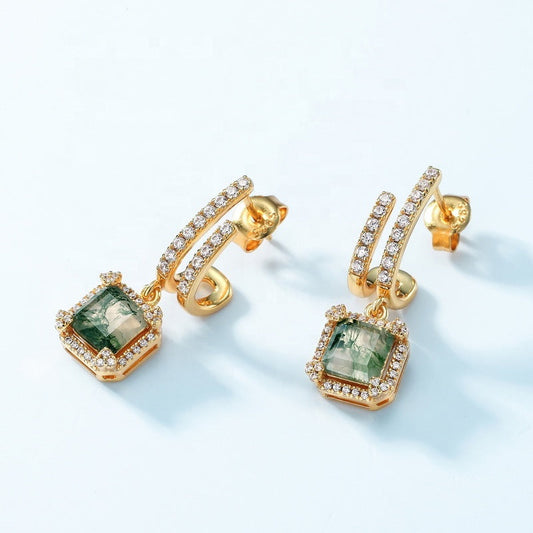 Modern Double Hoop Moss Agate Earrings Square Halo Dangle Studs