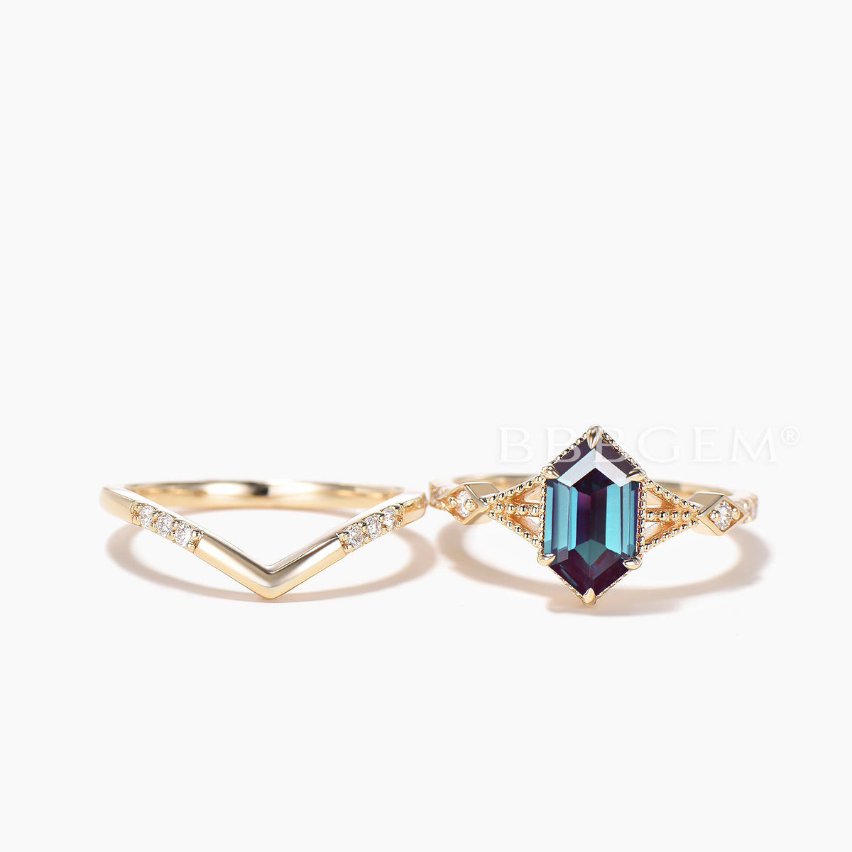 Hexagon Cut Color-change Alexandrite Bridal Ring Set Diamond Curved Band