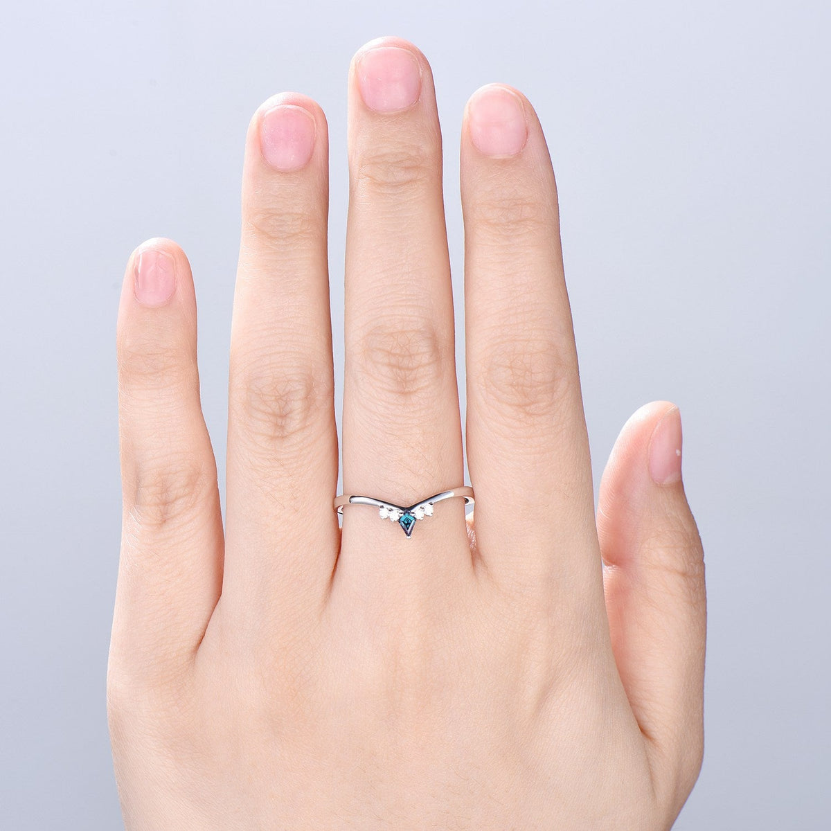 Dainty Curved Alexandrite Wedding Ring Women Kite Alexandrite Stacking Band Moissanite Anniversary Ring Art Deco June Promise Ring For Her