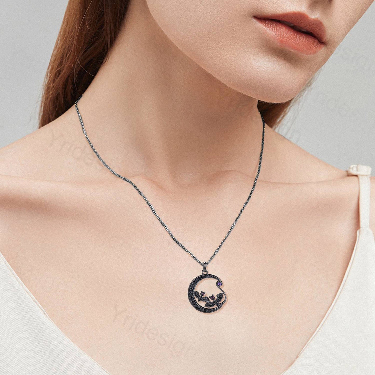 Unique Black Gold Night Moon Bat Gothic Pendant Necklace Magic Crescent Moon Amethyst Black Spinel Necklace Halloween Anniversary gift Women