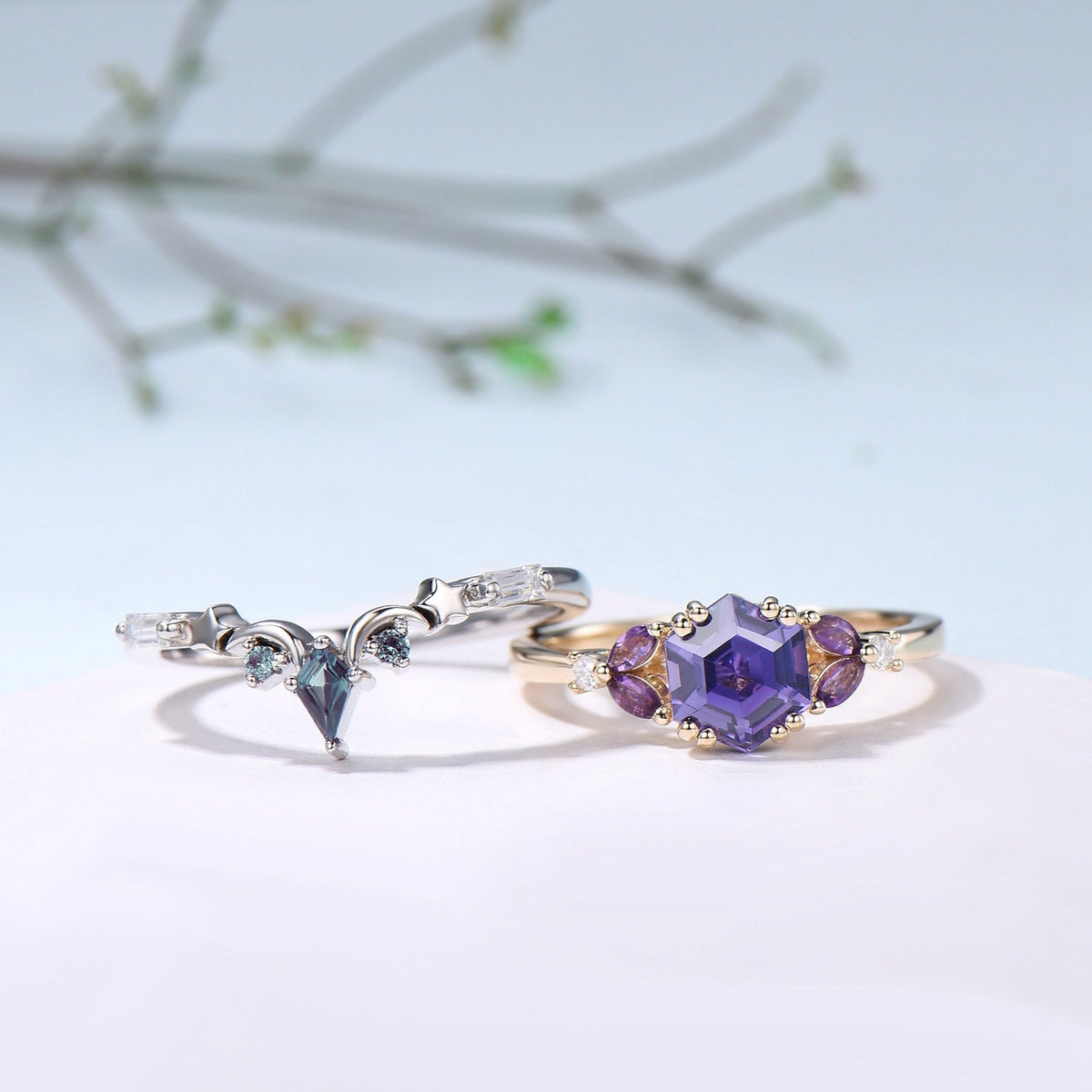 Unique Hexagon Purple Sapphire engagement ring set- moon star curved alexandrite wedding band