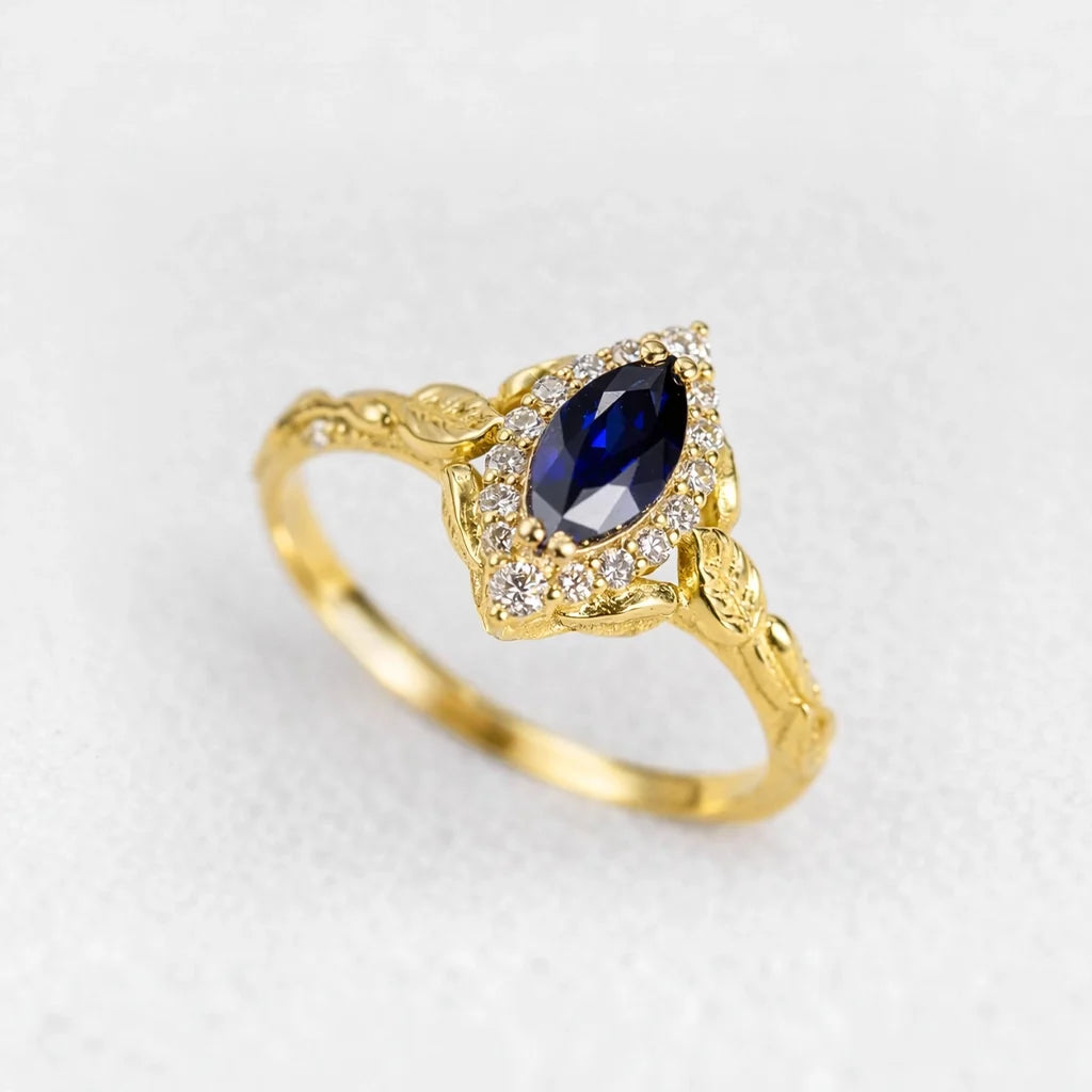 Victoria’s Diadem | Marquise Cut Sapphire & Diamond Halo Bridal Set 2pcs