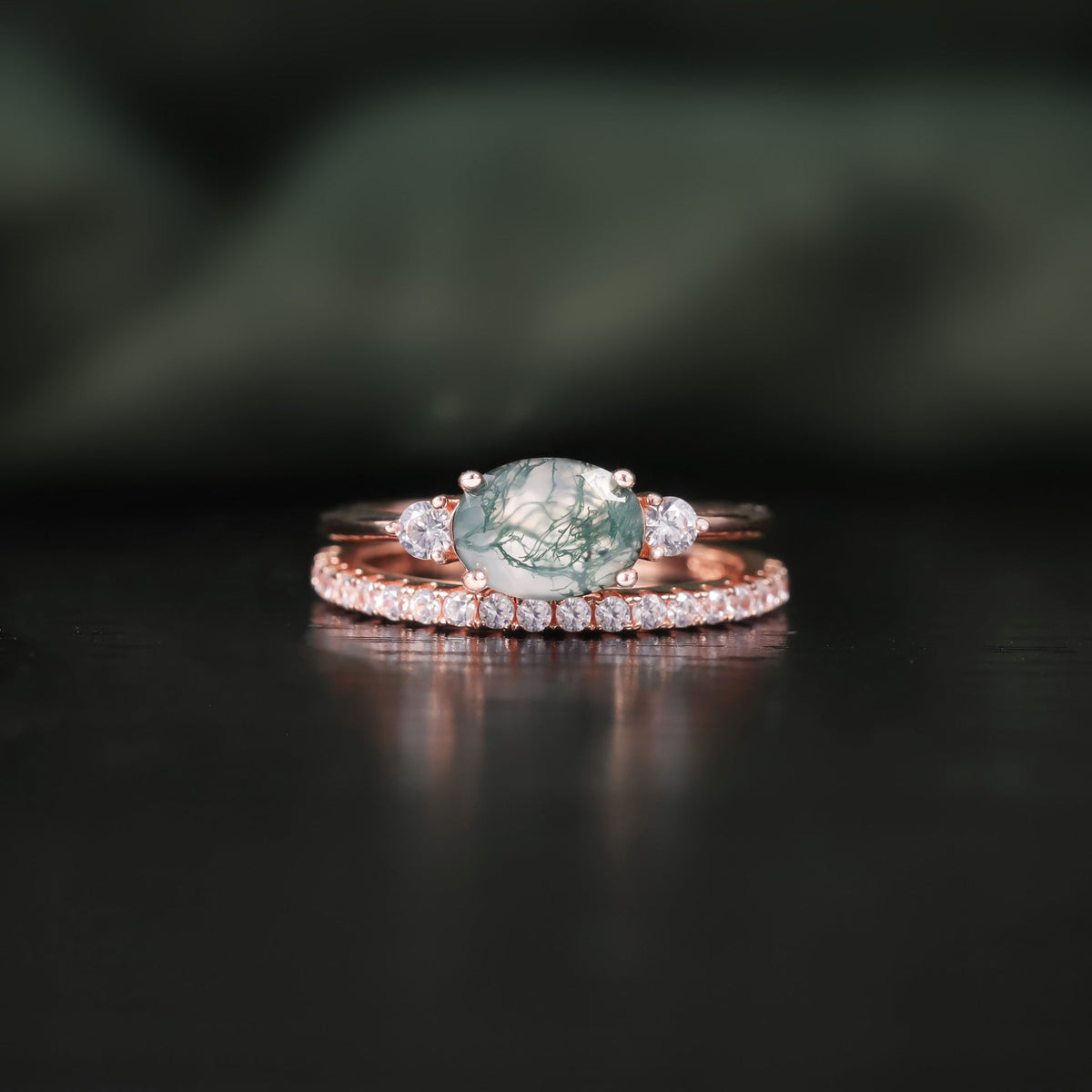 Oval Moss Agate Three Stones Engagement Ring