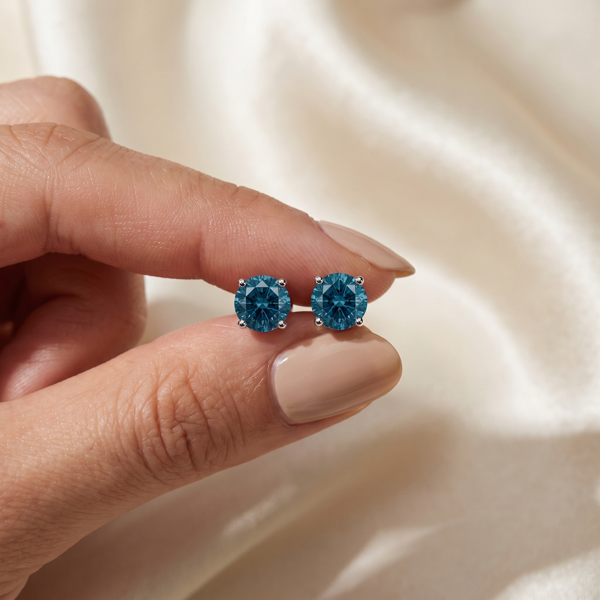 Round Four Prong Blue Diamond Studs 14k Gold Lab Grown