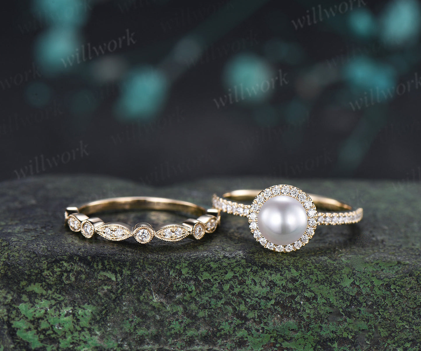 6mm Akoya Pearl Engagement Ring Set Diamond Halo Ring Milgrain Half Eternity Band Vintage Bridal Set