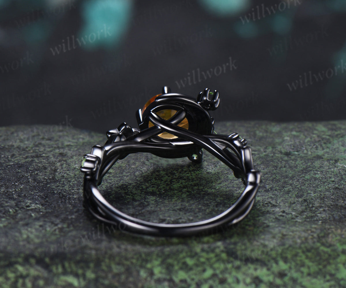 Round Cut Citrine Engagement Ring Moon Peridot Cluster Promise Ring Floral Twig Branch Ring November Birthstone Jewelry