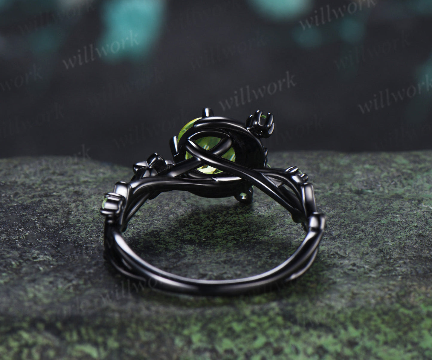 Round Cut Peridot Engagement Ring Moon Peridot Cluster Promise Ring Floral Twig Branch Ring August Birthstone Jewelry