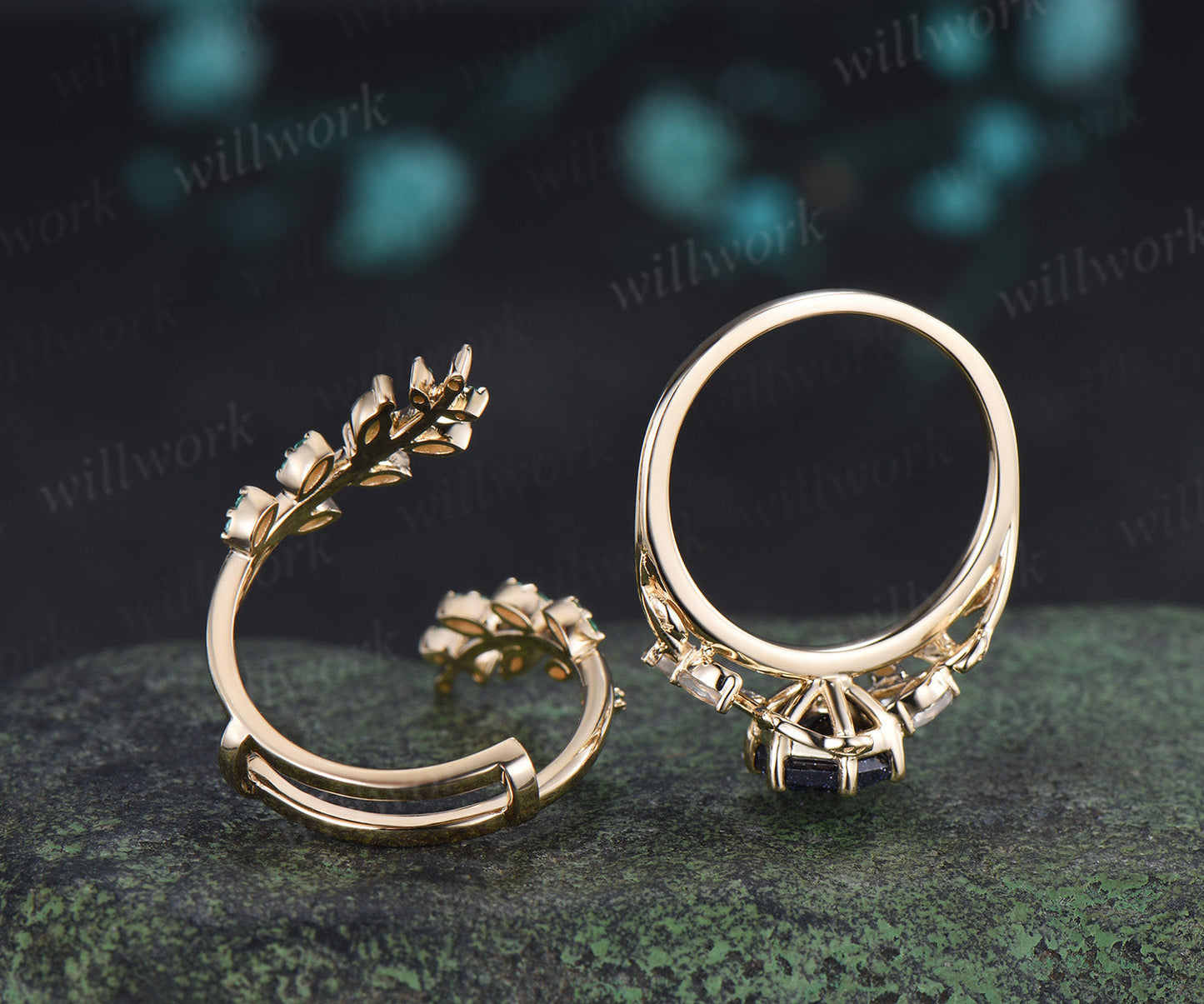 Hexagon cut blue sandstone engagement ring set moonstone leaf ring emerald moss agate twig leaf wedding band enhancer unique bridal set