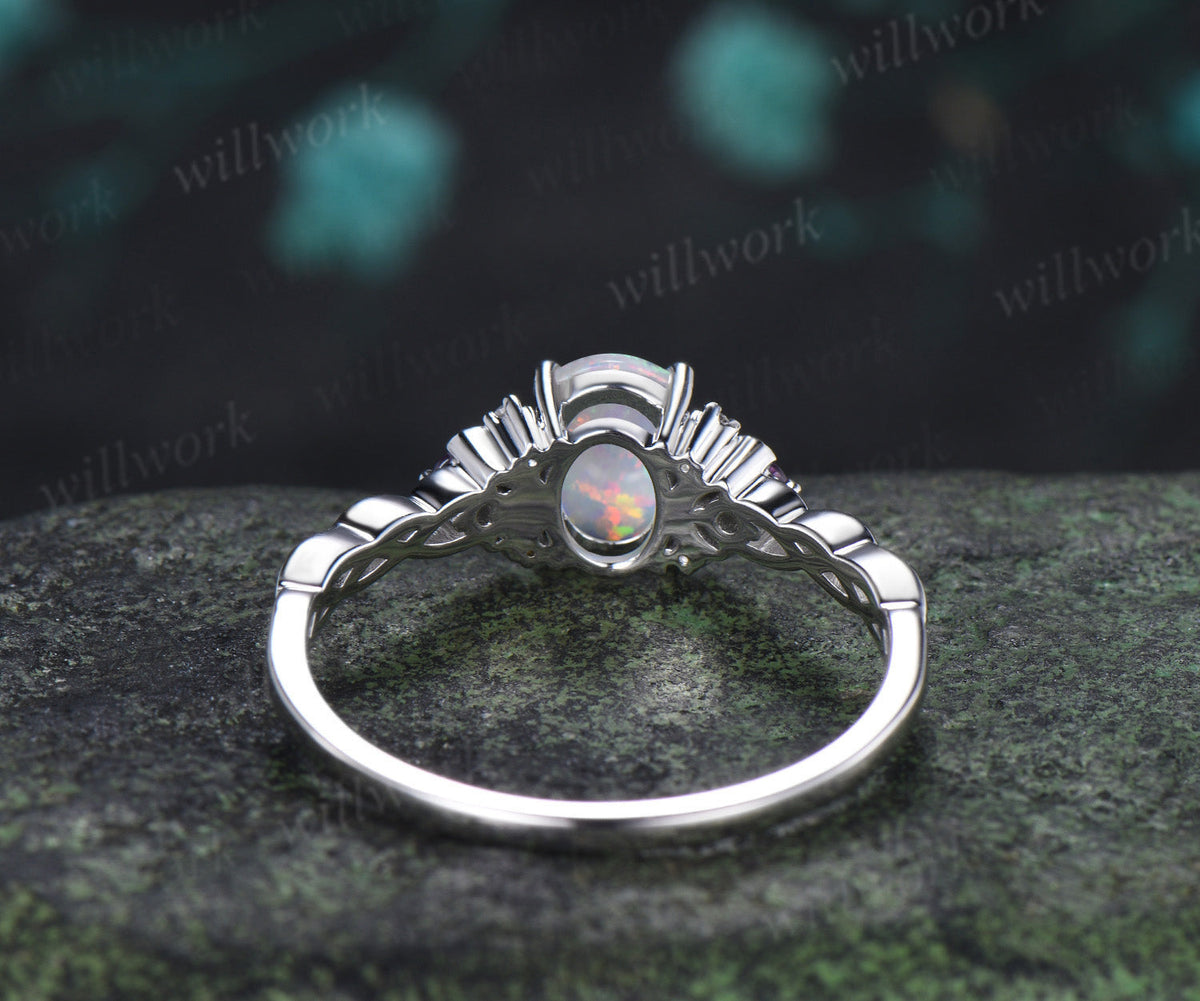 Oval White Opal Amethyst Moon Ring Twisted Weave Half Eternity Band Vintage Opal Wedding Ring Gift for Women