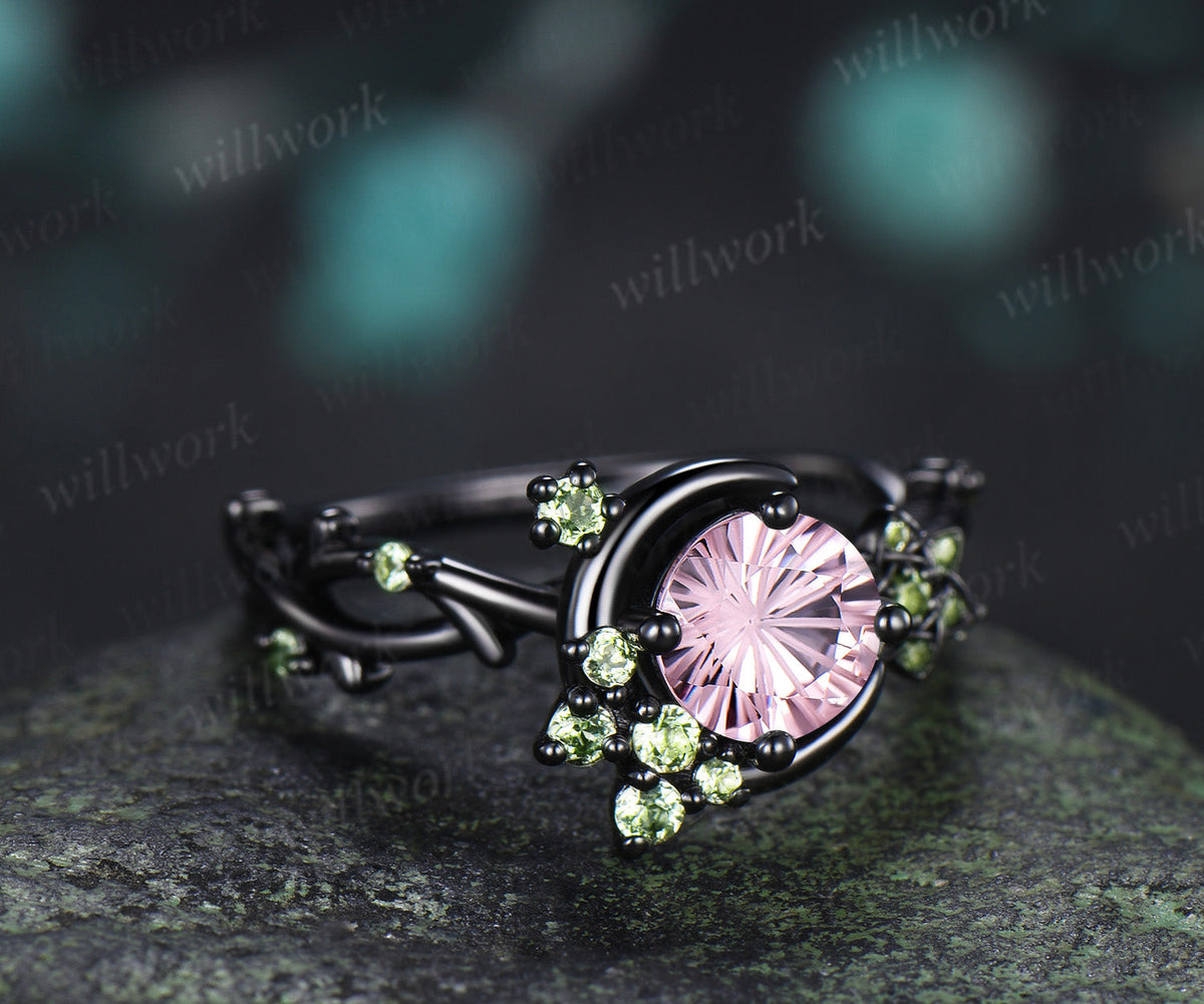 Round Fireworks Padparadscha Engagement Ring Moon Vine Floral Peridot Accent Promise Ring Unique Twig Band