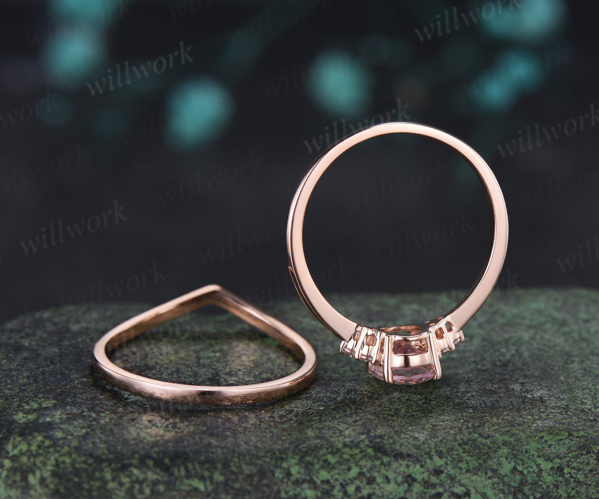 Oval Cut Pink Engagement Ring Set Diamond Cluster Ring Star Wedding Band Unique Seven Stone Bridal Set