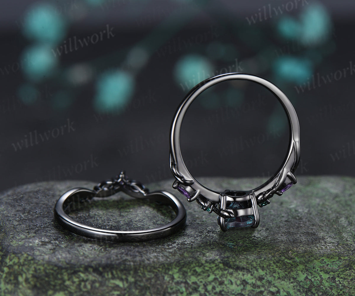 Fireworks Cut Alexandrite Engagement Ring Set Twig Leaf Amethyst Emerald Accent Promise Ring Matching Wedding Band Nature Inspired Bridal Set