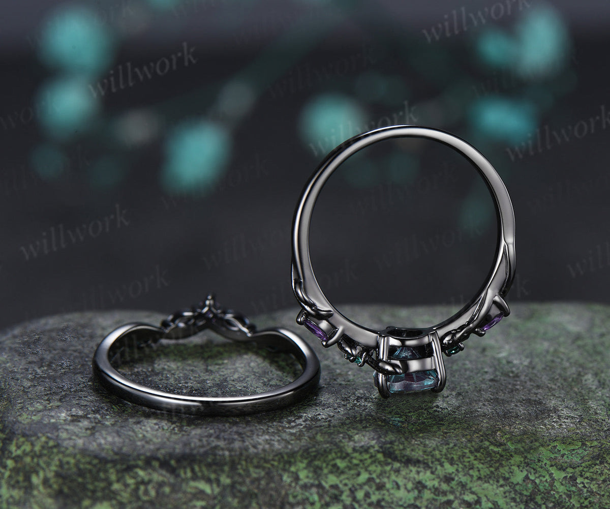 Pear Fantasy Cut Alexandrite Ring Set Leaf Twig Amethyst Emerald Ring Curved Alexandrite Wedding Band Unique Bridal Set