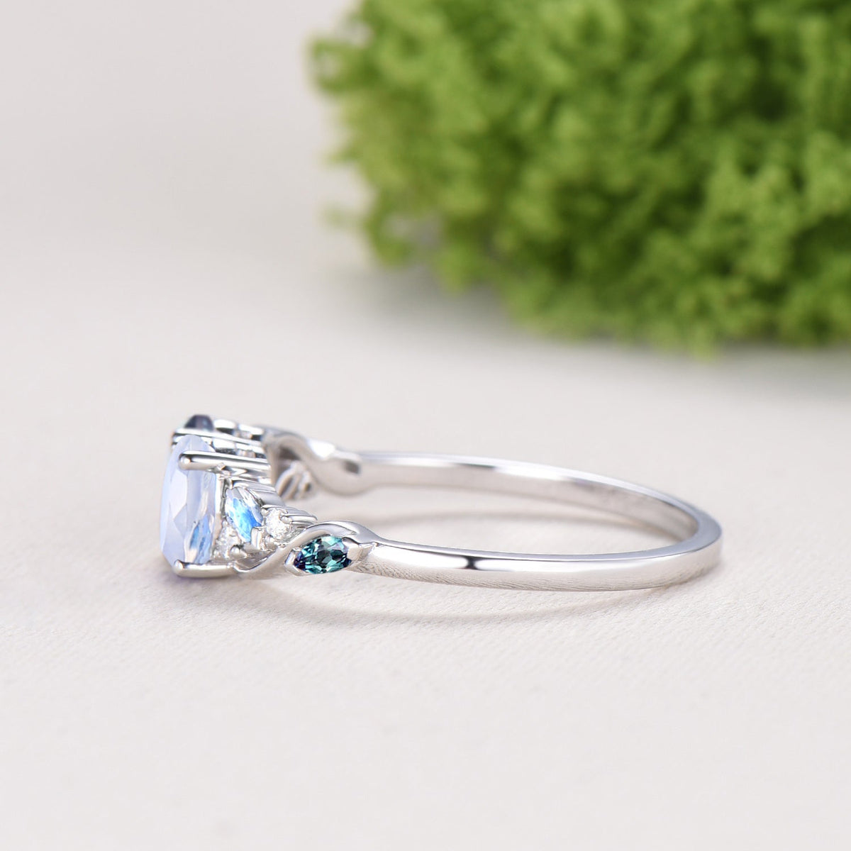 Toi et Moi Alexandrite Moonstone Engagement Ring | Unique Two Stone Vine Eternity Band
