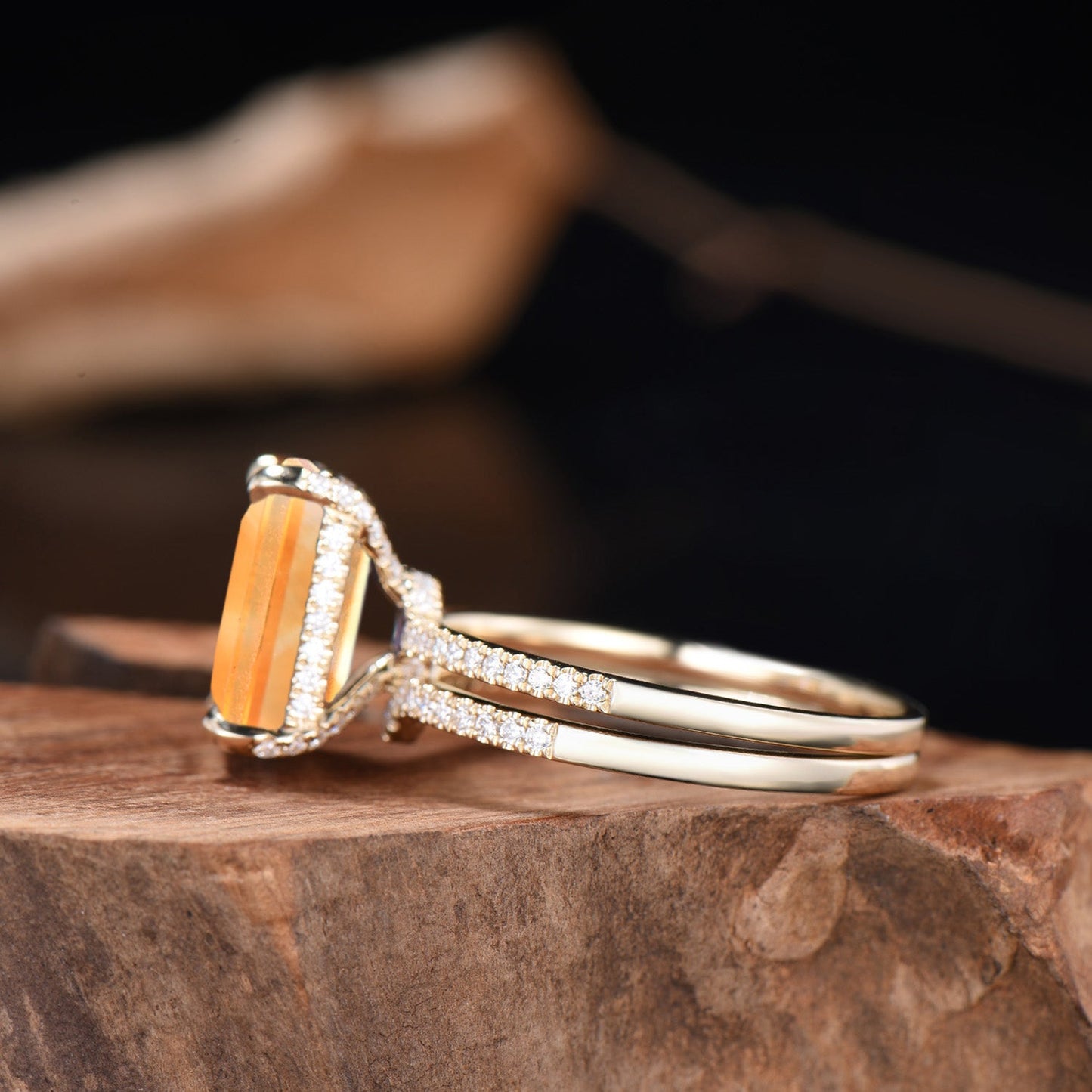 Emerald Cut Citrine Engagement Ring Set, Diamond Half Eternity Band, Rose Gold