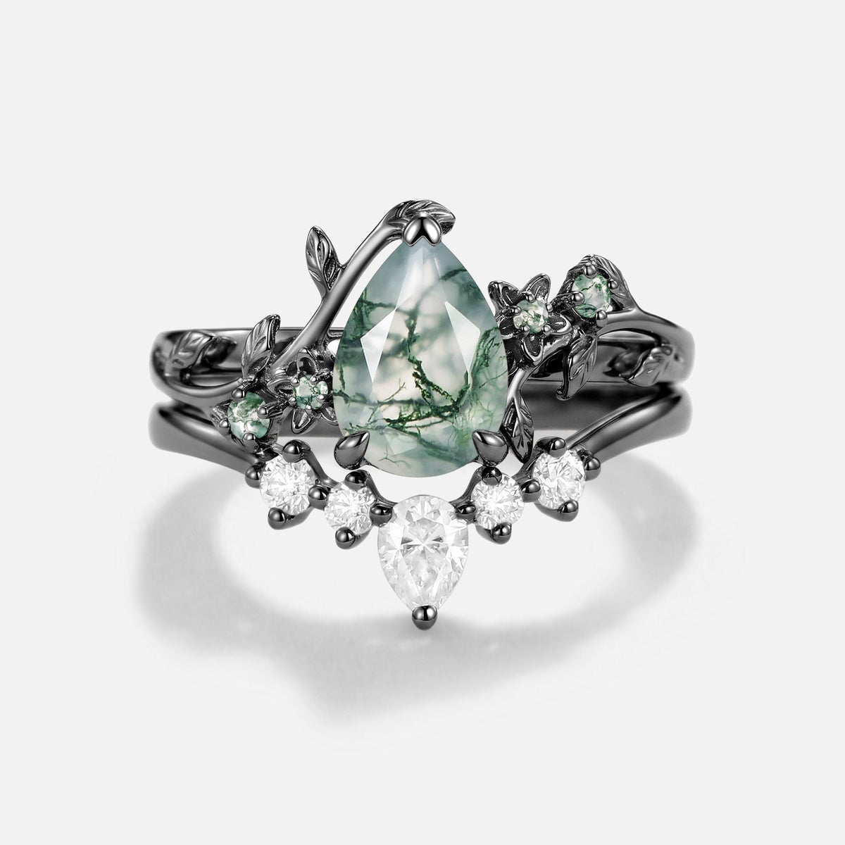 Pear Cut Moss Agate Floral Antique Engagement Ring Set 2pcs - Arabella