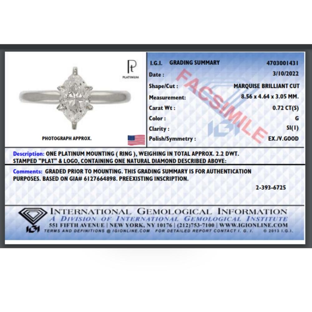 Platinum .72Ct Marquise Natural Certified Diamond Solitaire Engagement Ring