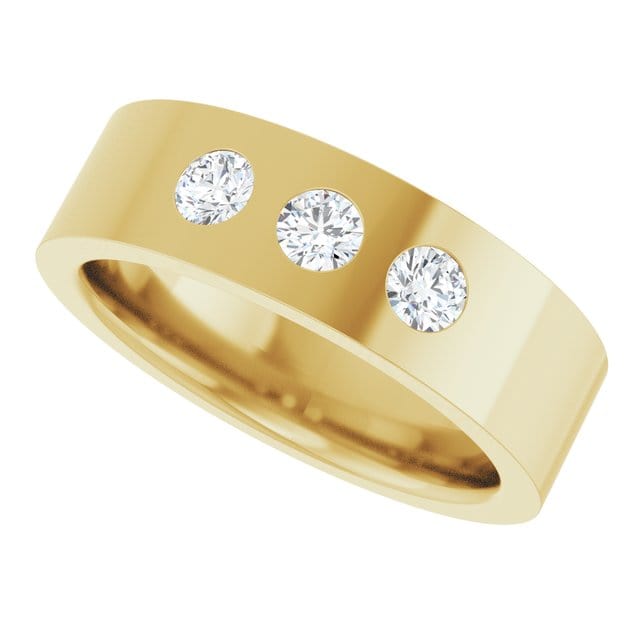 Sia Ring - 6mm wide 3 Diamond, Moissanite or Sapphire Flush Set Flat Wedding Band