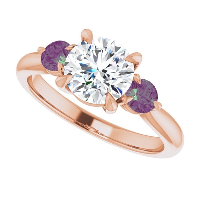 Tracy - Three Stone Diamond Prong Set Engagement Ring with Alexandrite Side Stones
