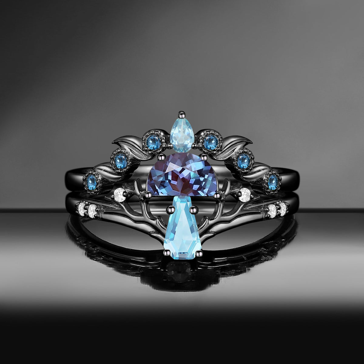 Tree of Life – Nature Inspired Half Moon Black Rutilated Quartz & Coffin Moissanite Mushroom Engagement Ring Set