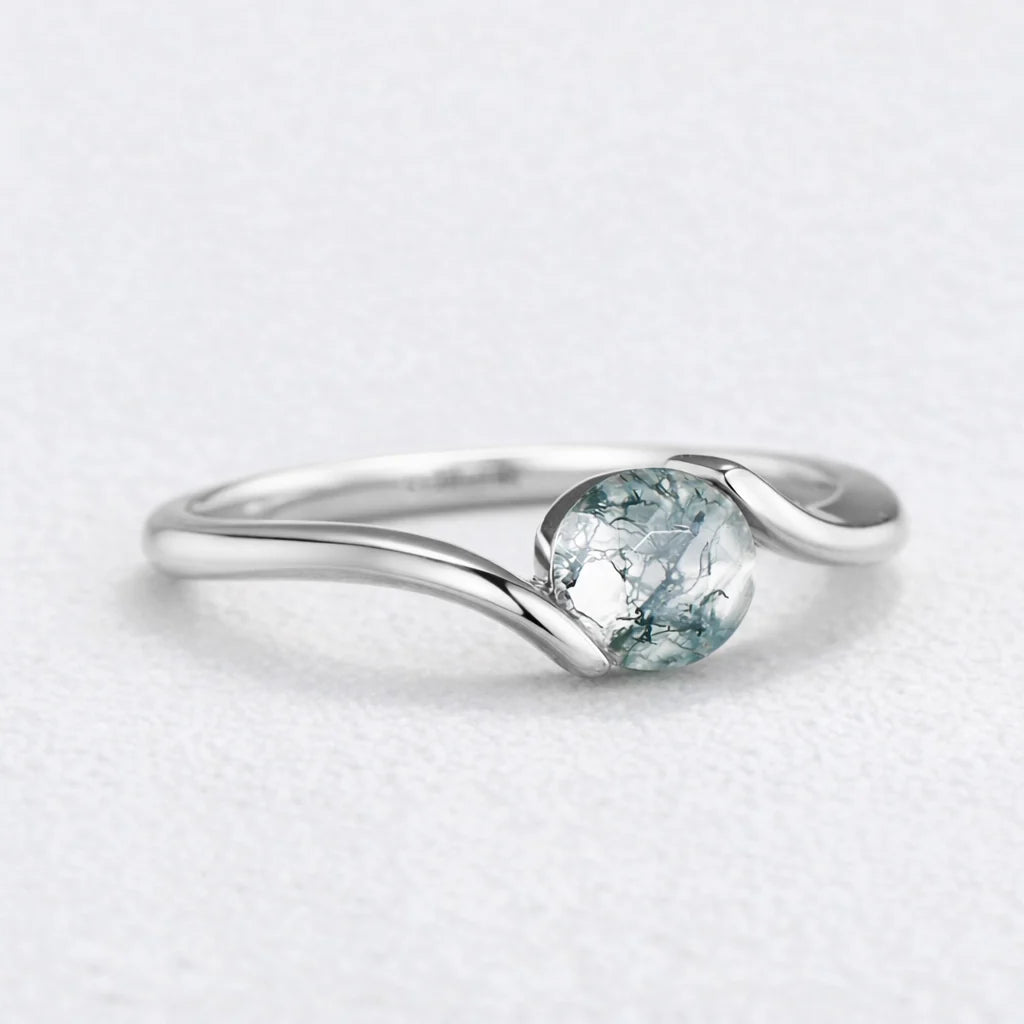 One Stone | Minimalist Solitaire Round Moss Agate Men’s Wedding Band