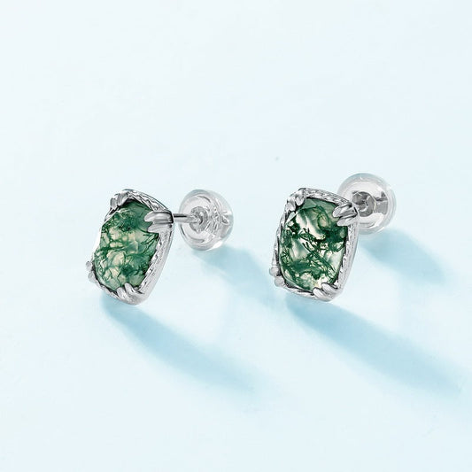 Vintage 5x7mm Cushion Cut Moss Agate Stud Rope Earrings