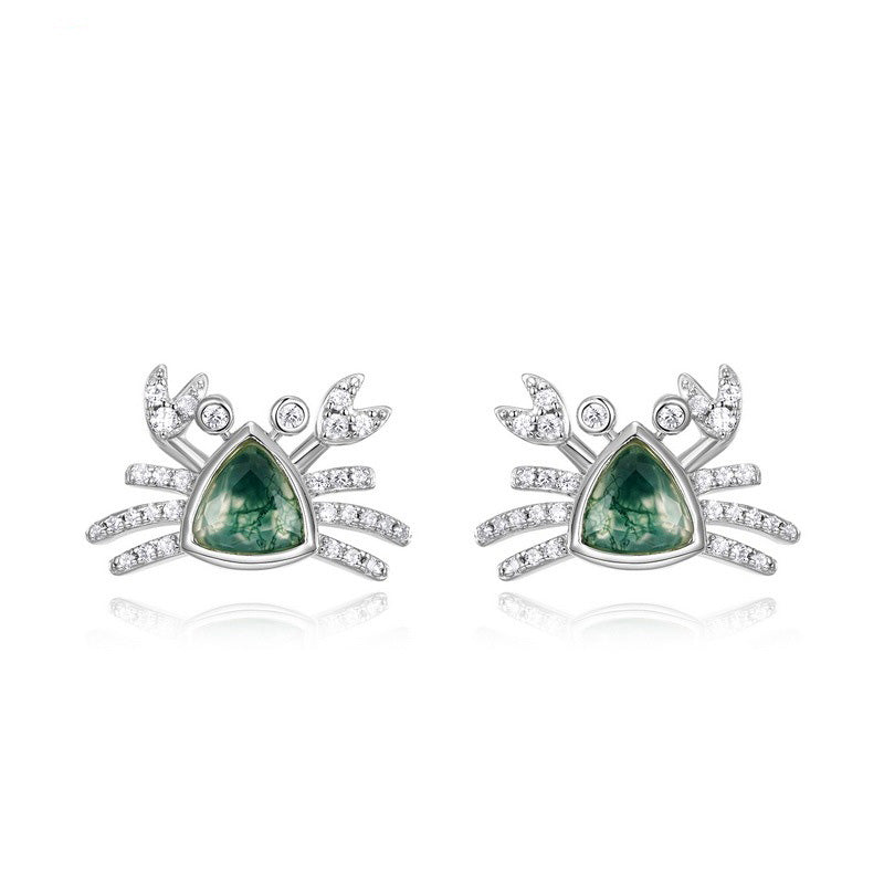 Ocean Series Trillion Moss Agate Crab Stud Earrings