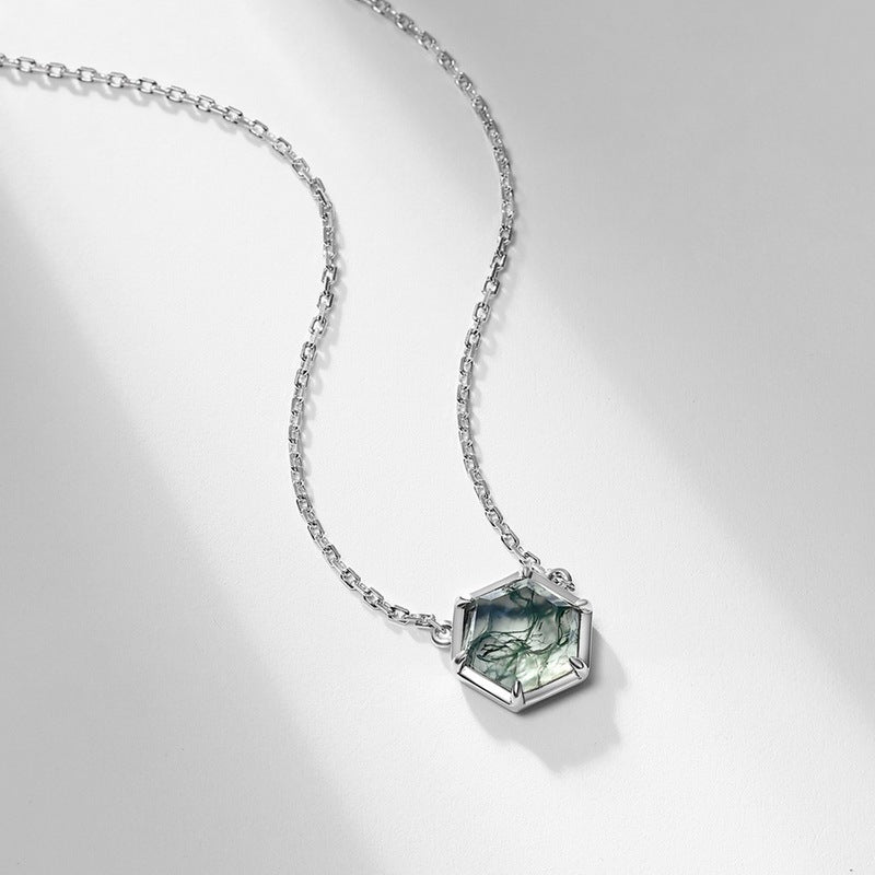 8mm Hexagon Cut Natural Bezel Moss Agate Necklace