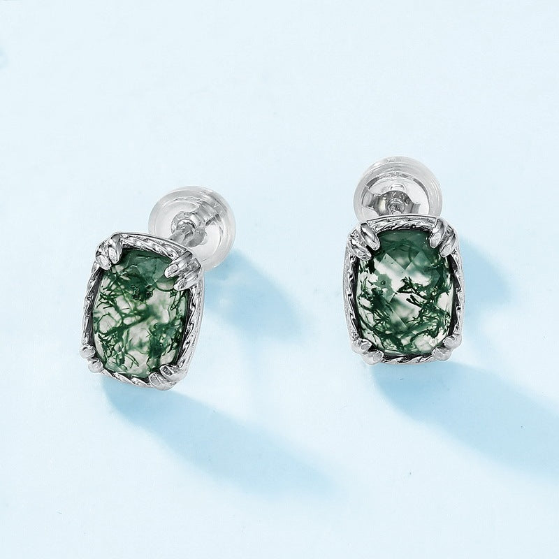 Vintage 5x7mm Cushion Cut Moss Agate Stud Rope Earrings