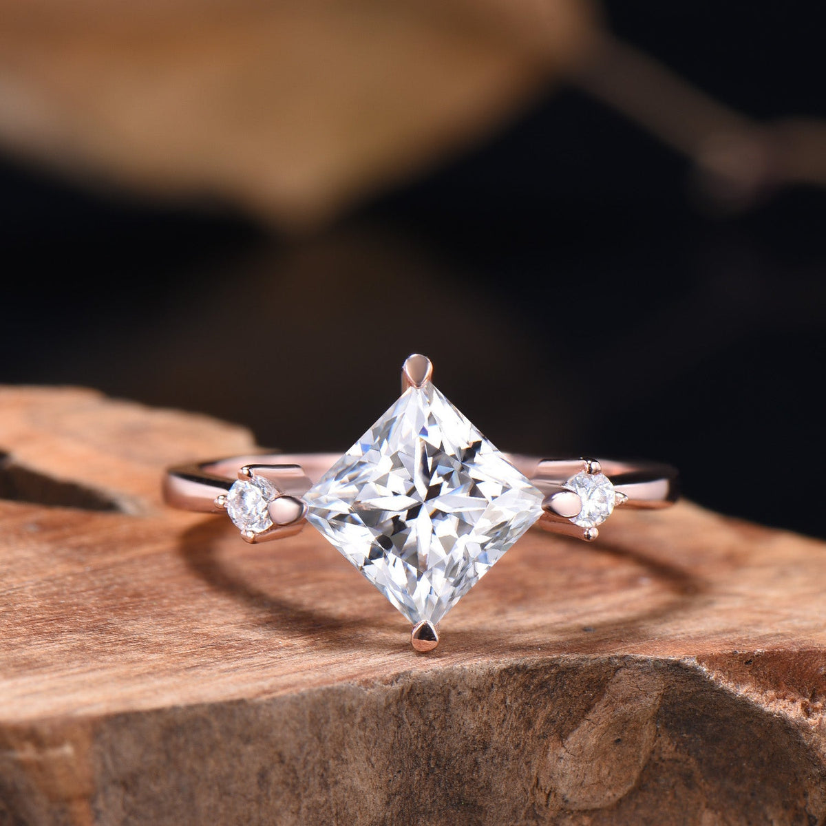2CT Princess Shaped Moissanite Three Stone Engagement Ring Diamond Cluster Open Gaps Stacking Band Rose Gold Wedding Bridal Set Women Gifts