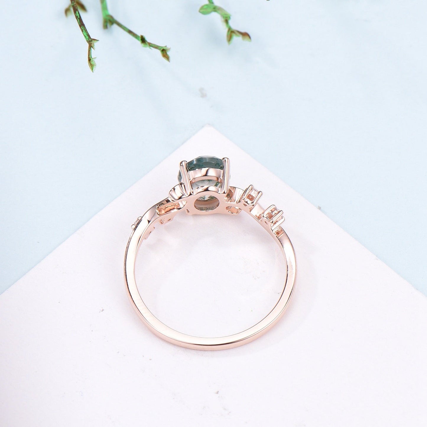 1.5CT Oval Natural Moss Agate Twist Engagement Ring Art Deco Silver Rose Gold Wedding Ring Garden Jewelry Mom's birthstone anniversary gift