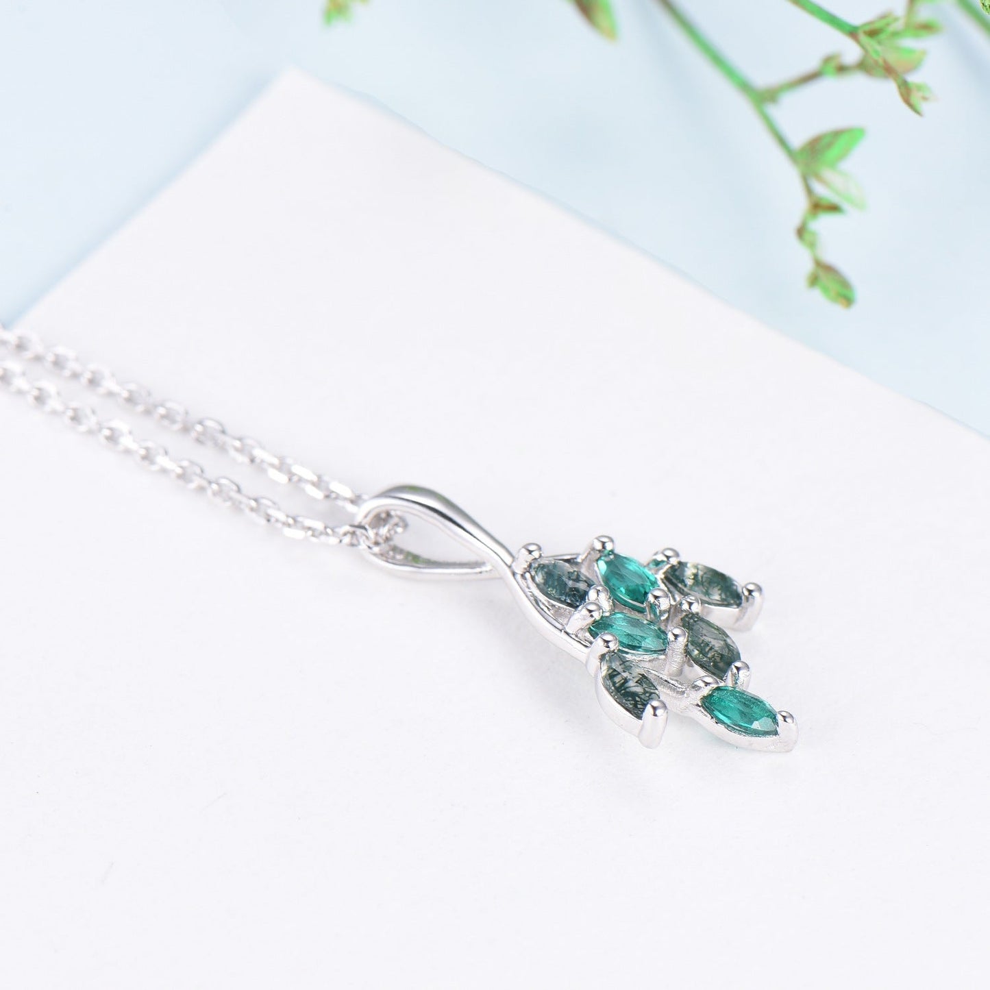 Vintage Moss Agate Necklace Unique Marquise Green Agate Leaf Style Pendant Dainty Branch Guard Emerald Pendant Unique Anniversary gift women