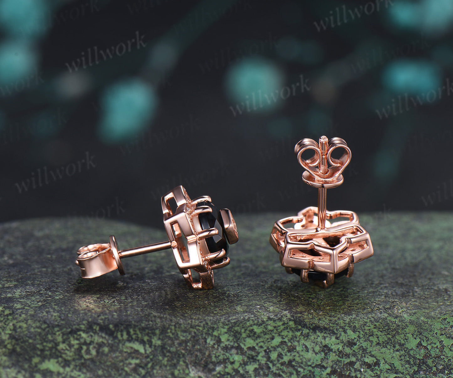 Round Black Onyx Floral Halo Stud Earrings Art Deco Diamond Halo Earrings with Rhombus Inset Unique Flower Earrings