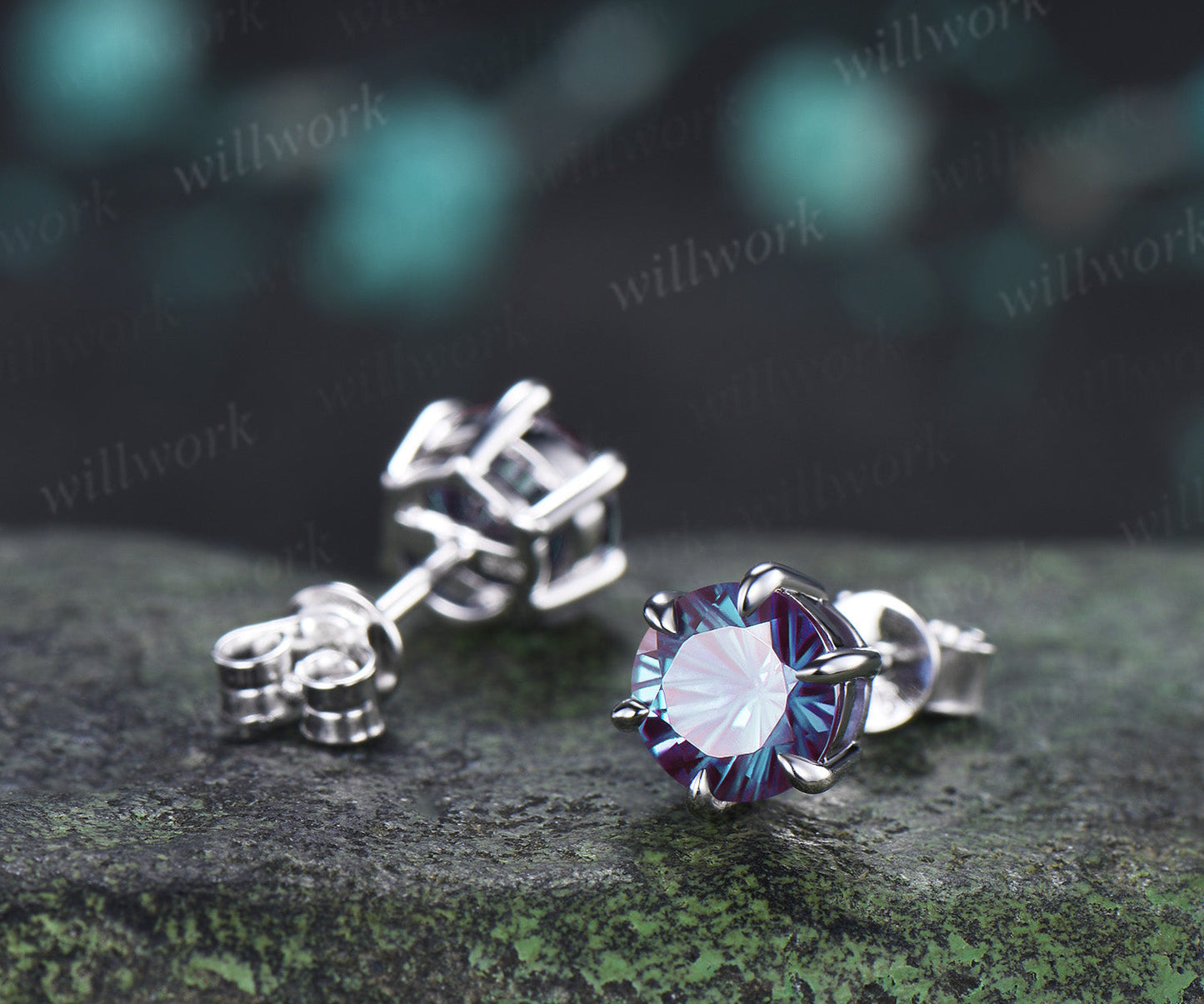 Round Fireworks Cut Alexandrite Stud Earrings Claw Prong Solitaire Minimalist Earrings Color Change Gem Jewelry