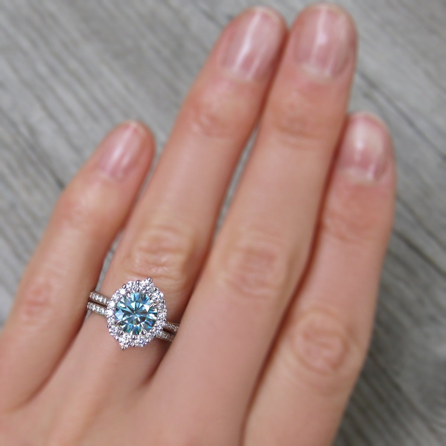 ・EMERSON・Aqua-Teal Iconic™ Moissanite Center, Diamond Halo (1.58ctw+)