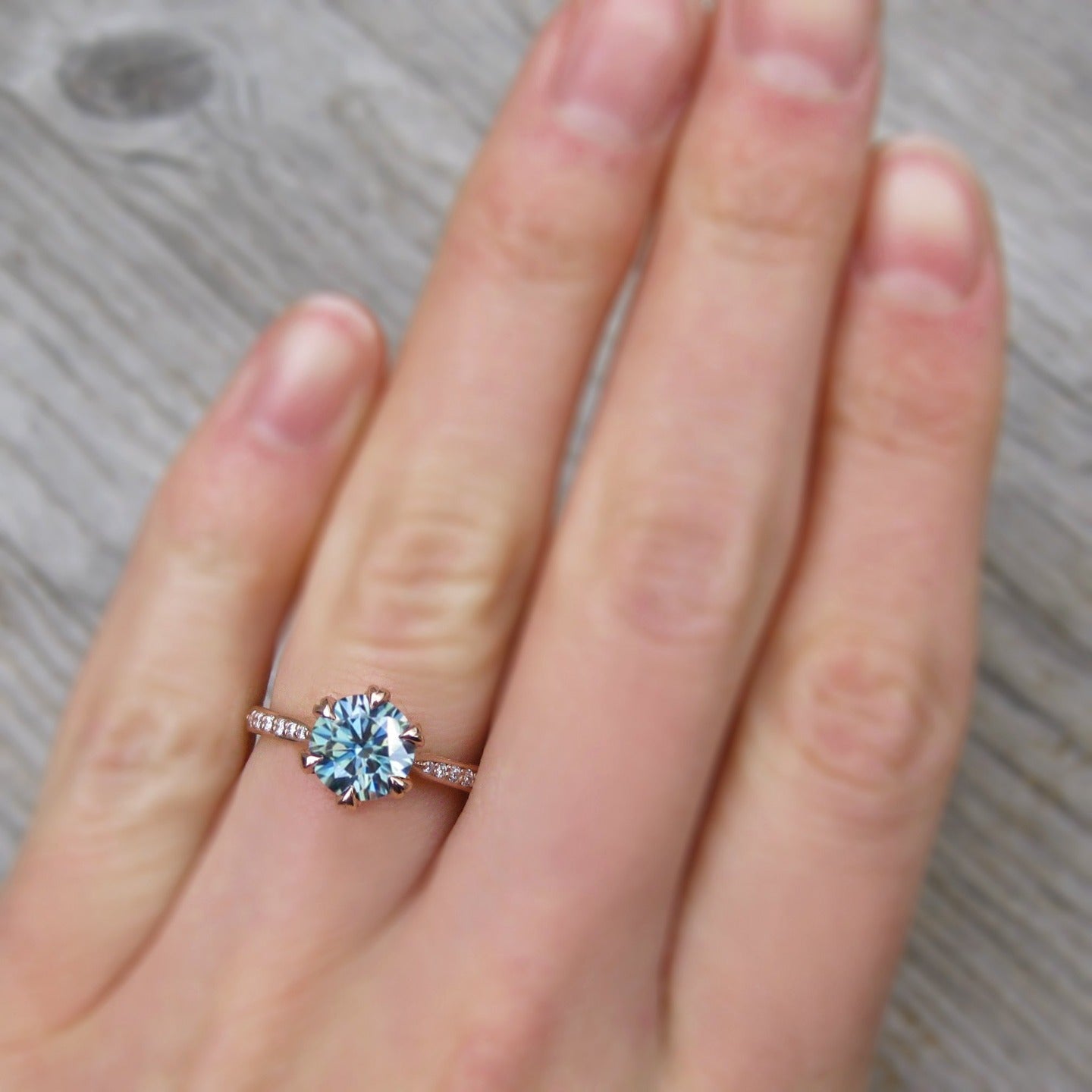 ・CAMILLE・Aqua-Teal Iconic™ Moissanite, Twig Textured Diamond Band (1.25ct Center)