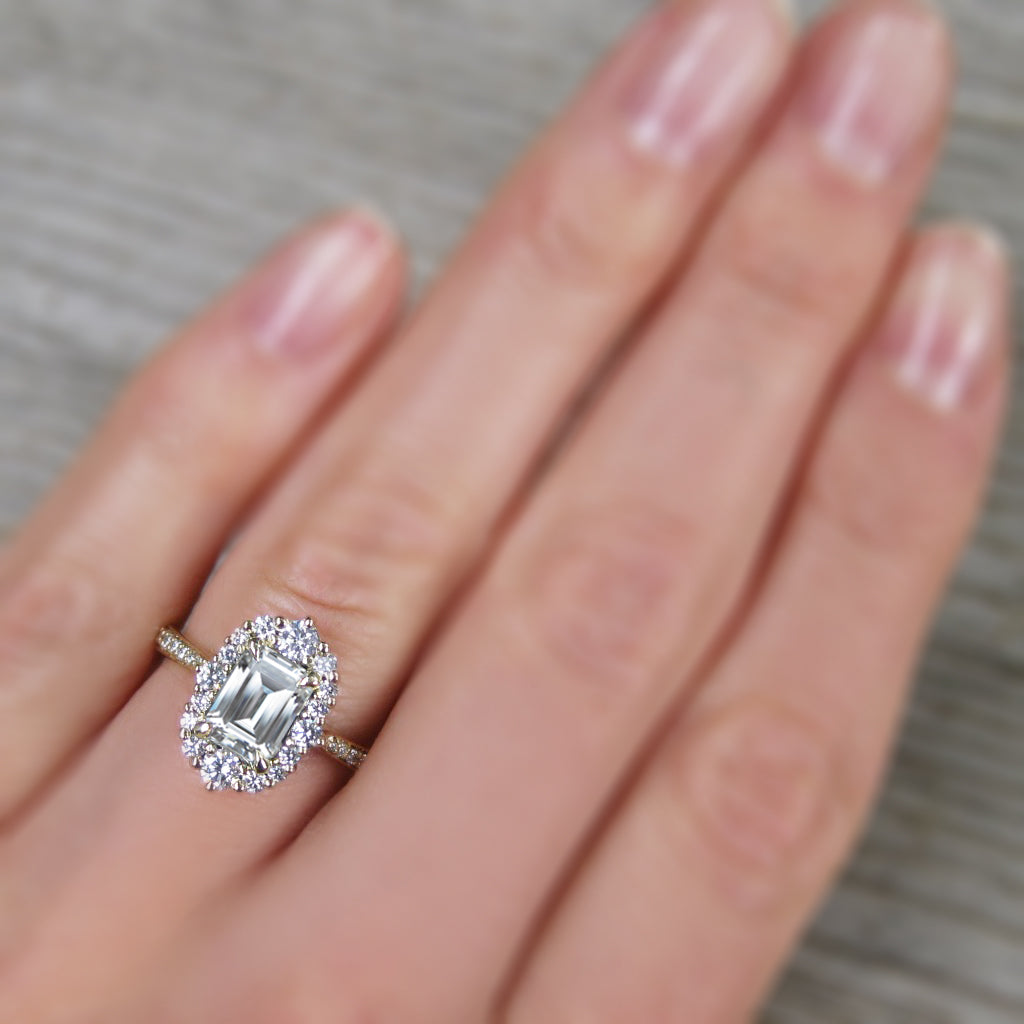 ・ADELINE・Emerald Cut Moissanite Center, Diamond Halo (1.33ctw+)