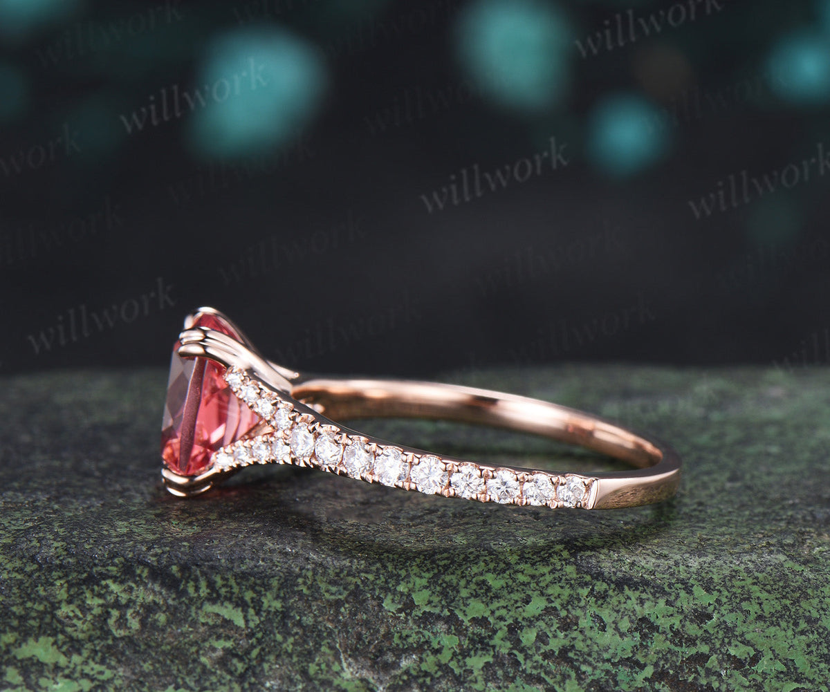 Cushion Cut Padparadscha Engagement Ring Split Shank Moissanite Half Eternity Ring Unique Pink Sapphire Wedding Ring