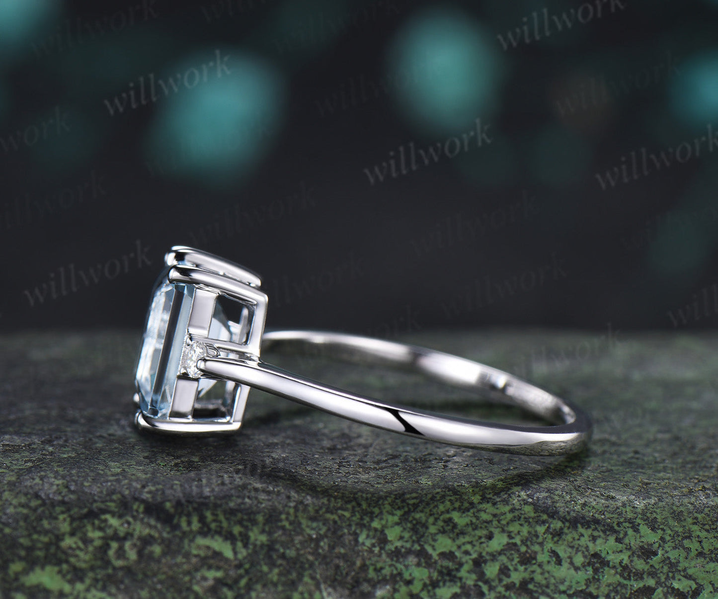 Emerald Cut Aquamarine Engagement Ring Three Stone Moissanite Ring March Birthstone Gift