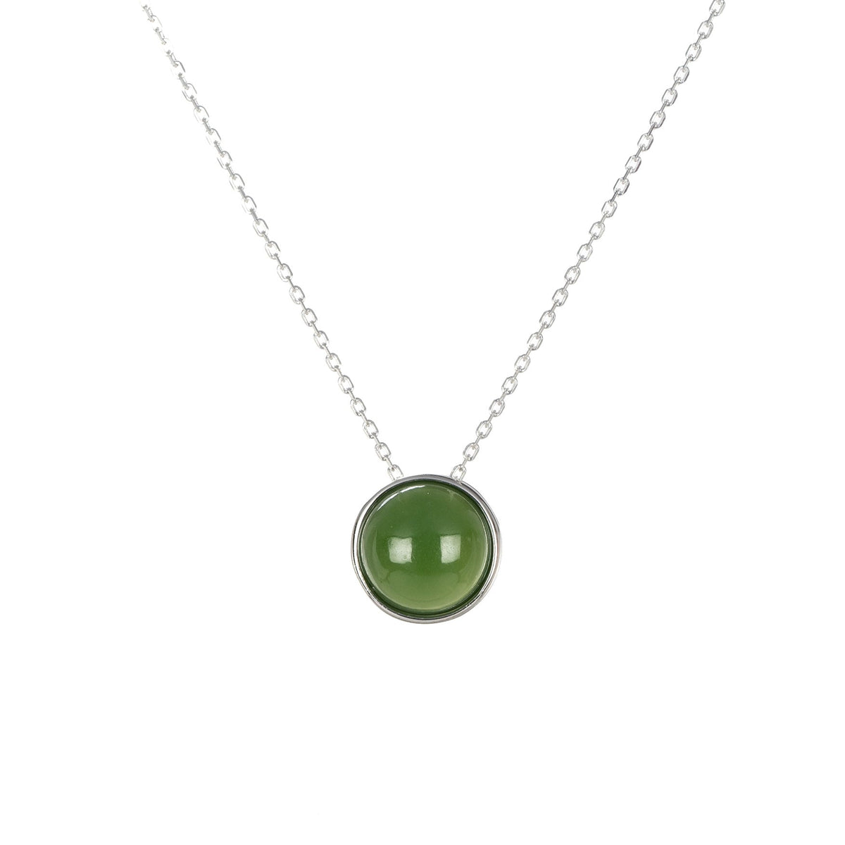 Round Cabochon Hetian Jade Necklace in 925 Sterling Silver