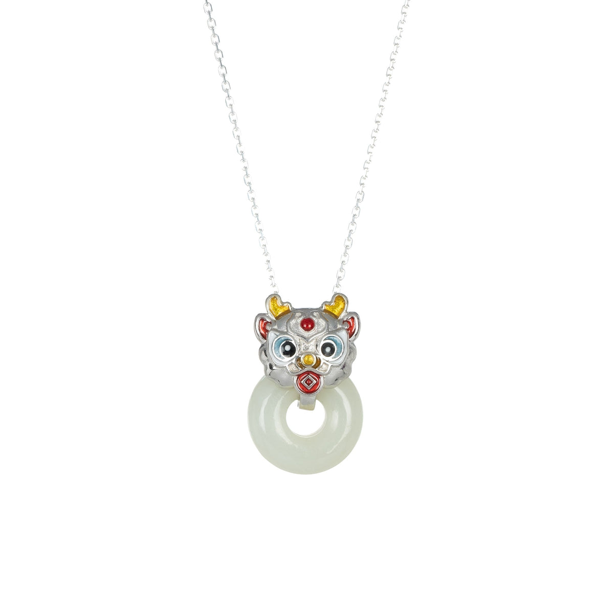 Dancing Lion Head Jade Donut Necklace in Sterling Silver