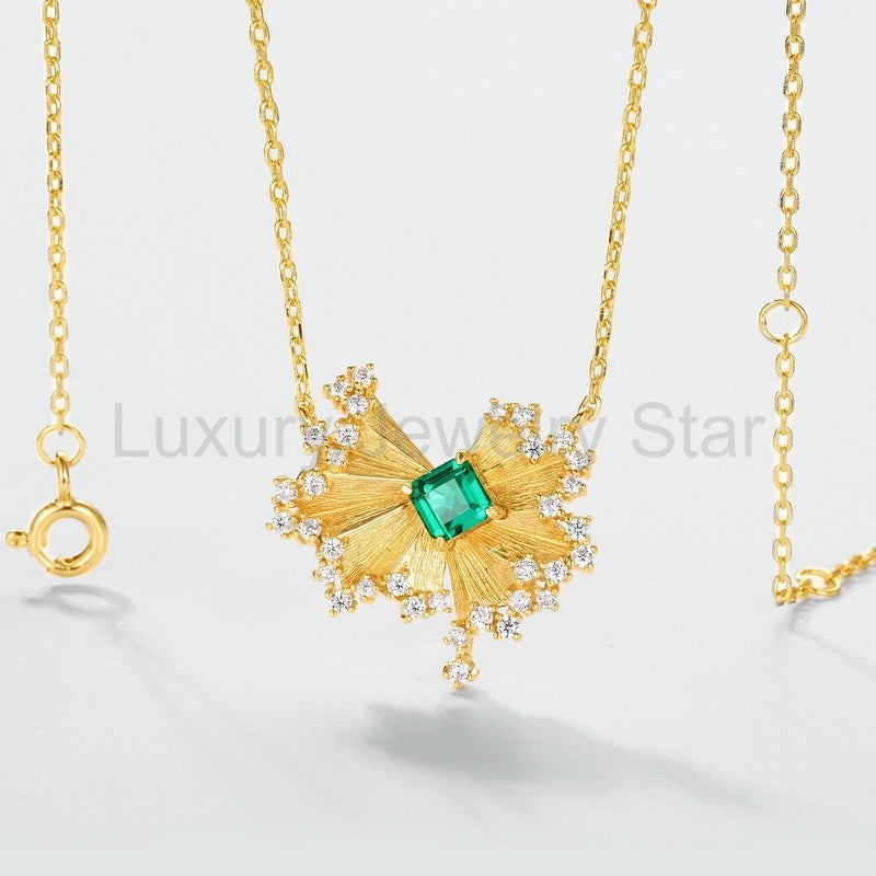 Princess-Cut Lab-Created Emerald Sunburst Necklace — view 4
