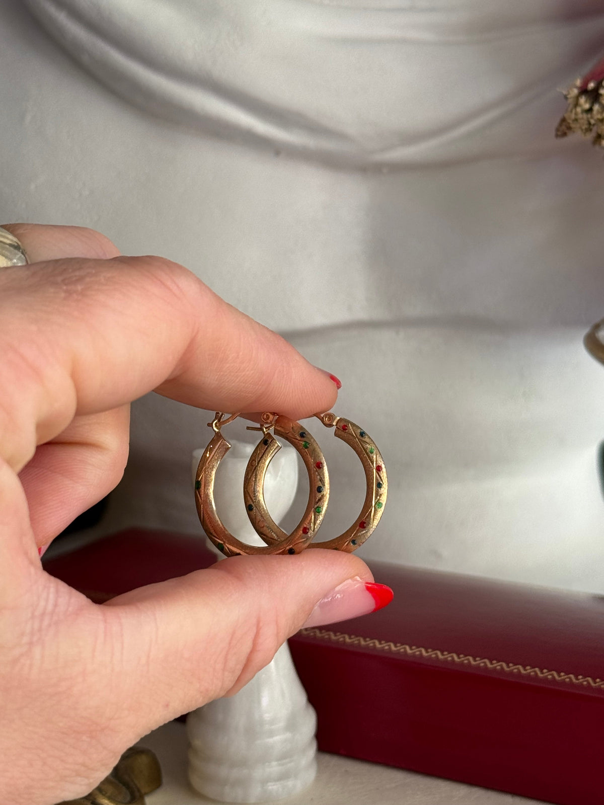 Vintage 14k Yellow Gold & Multi-Colored Enamel Hoops