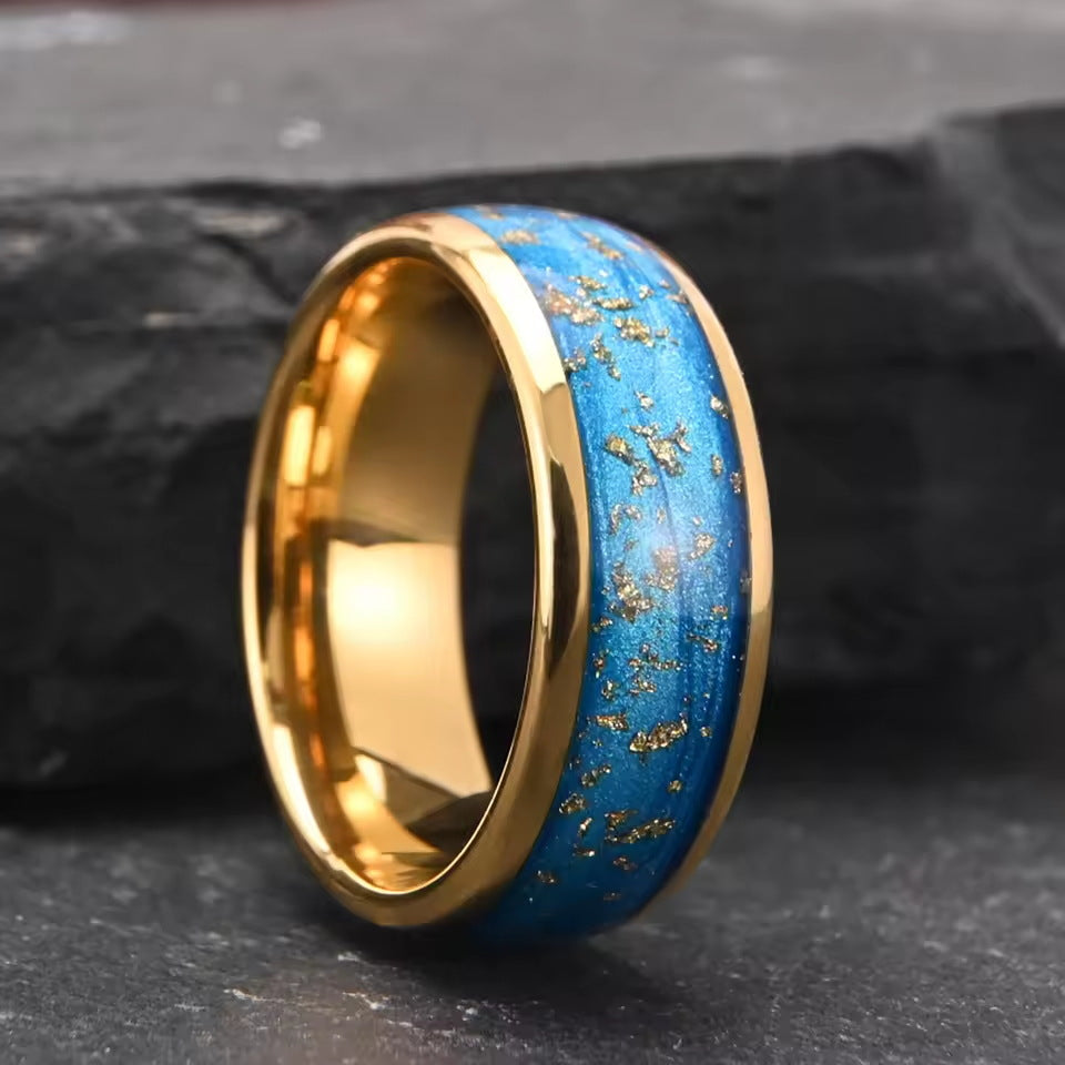 Cosmic 8mm Gold Tungsten Ring, Blue Nebula & Gold Flakes Inlay