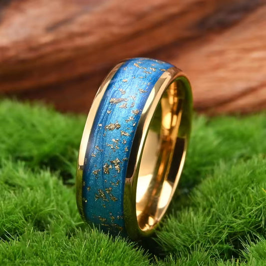 Cosmic 8mm Gold Tungsten Ring, Blue Nebula & Gold Flakes Inlay