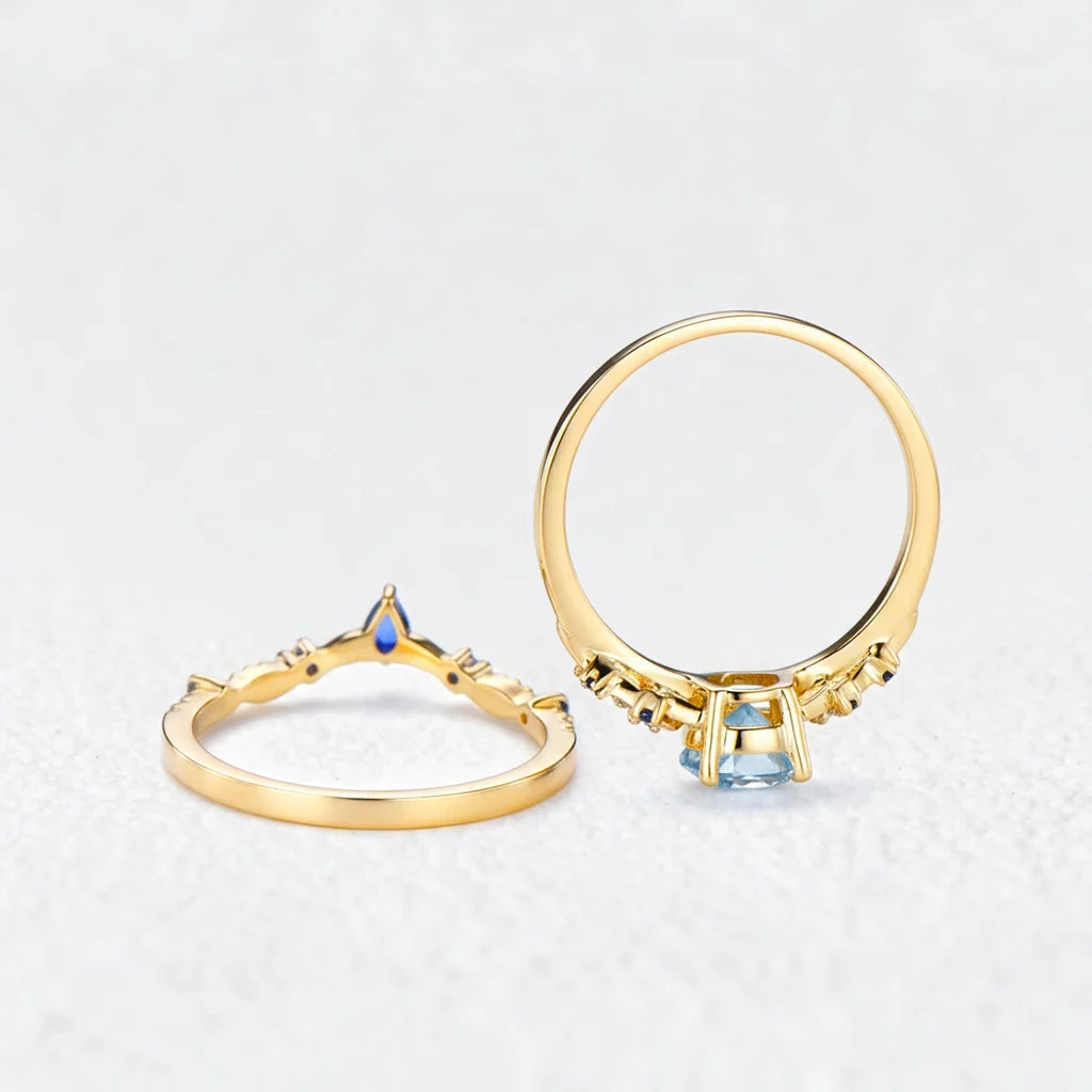 Isolde’s Tide | Vintage Pear Aquamarine & Sapphire Floral Bridal Set 2pcs