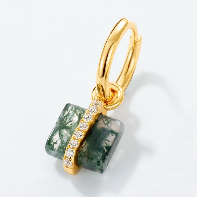 Square Moss Agate Drop Halo Huggie Earrings